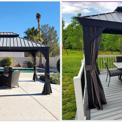 Tonnelle de jardin 5,45 x 3,65 m en aluminium avec rideaux et moustiquaire