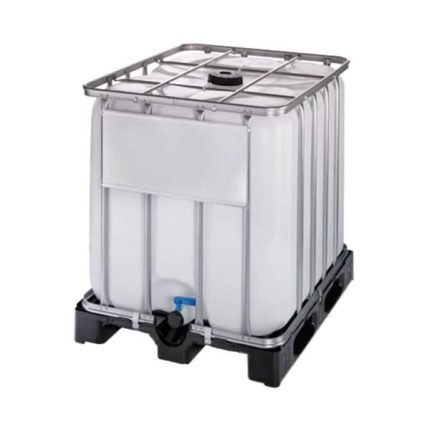 Réservoir conteneur 600 L avec palette plastique sortie 50 mm remplissage 225 mm dimensions 120×80×99 cm