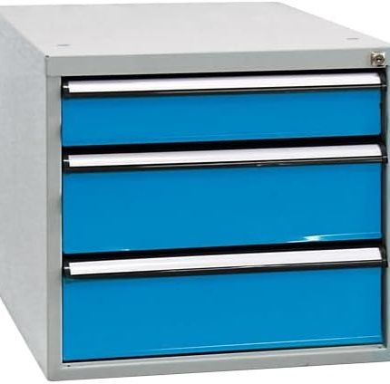 PROREGAL Boîte de rangement avec 4 tiroirs pour établi Rhino | HxLxP 65x53x70cm | Charge maximale : 60 kg | Gris clair/Bleu clair | Accessoires pour établi, système modulaire, tiroir en acier