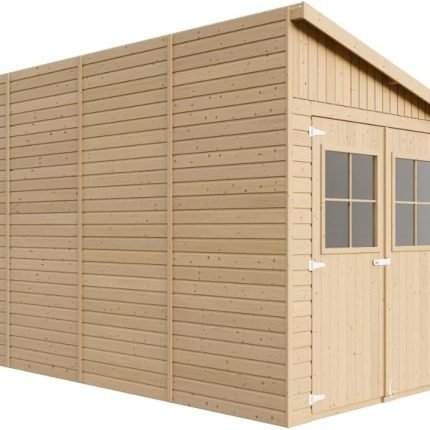 TIMBELA M340 Abri de Jardin en Bois Naturel sans paroi latérale- Stockage extérieur avec fenêtres- H243x216x416 cm/8 m2, Hangar en Bois Naturel – Atelier Rangement Outils et vélos