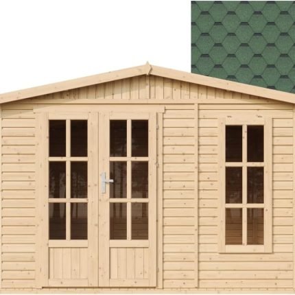 TIMBELA M334FB+H334FBBLACK Abri de Jardin en Bois 6 m² avec Sol, L332xP222xH232 cm – Chalet de Loisirs, Maison d'Été avec Bardeaux Bitumineux Noirs