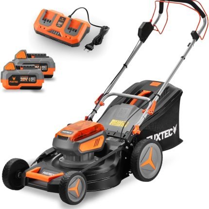 FUXTEC Tondeuse à Gazon sans Fil 40V 2x20V E2RM46 Autotractée, Mulching et Éjection latérale – Set Batteries 2x4Ah et Chargeur – Largeur De Coupe 46cm, 50L, Hauteur De Coupe 25-75mm