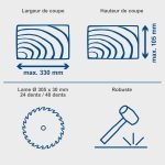 Scie à onglet radiale 2000 W lame 305 mm coupe 330×105 mm double inclinaison table -45/+45 laser