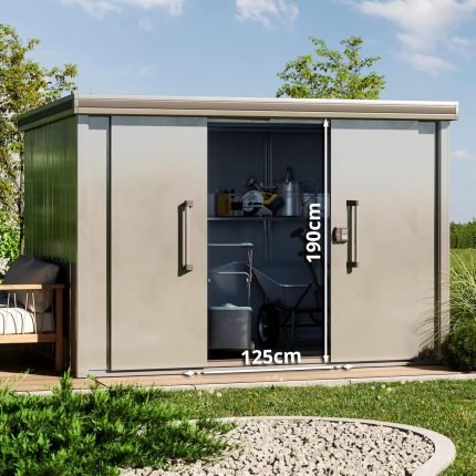 Abri de jardin en métal toit plat porte coulissante gris