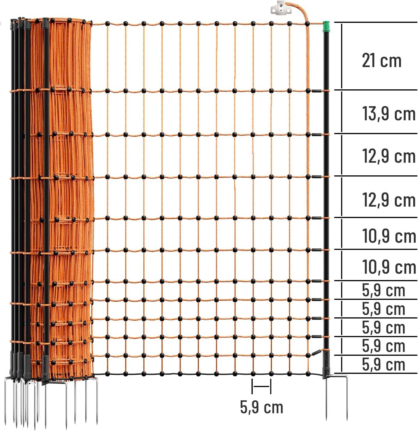 Elektrifizierbares Geflügelnetz 50 m Höhe 112 cm 16 doppelspitzige Pfähle