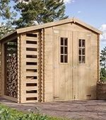 Abri de jardin en bois avec bûcher et plancher traité 4,47 m² portes doubles et fenêtres