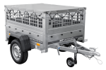 Remorque benne basculante UNITRAILER Garden Trailer 150 KIPP 150×106 cm, PTAC 750 kg, bâche plate grise + roue jockey