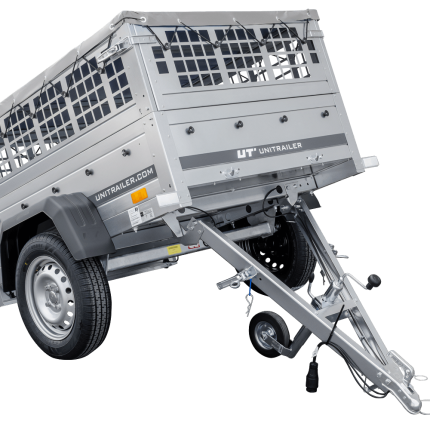 Remorque benne basculante UNITRAILER Garden Trailer 150 KIPP 150×106 cm, PTAC 750 kg, bâche plate grise + roue jockey
