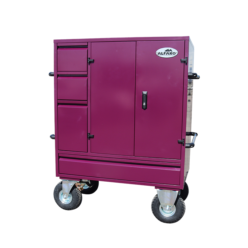 Midi Pourpre Wettkampfkoffer 137,5 x 100 x 60 cm, lackierter Stahl, 2 Hocker, 3 Schubladen