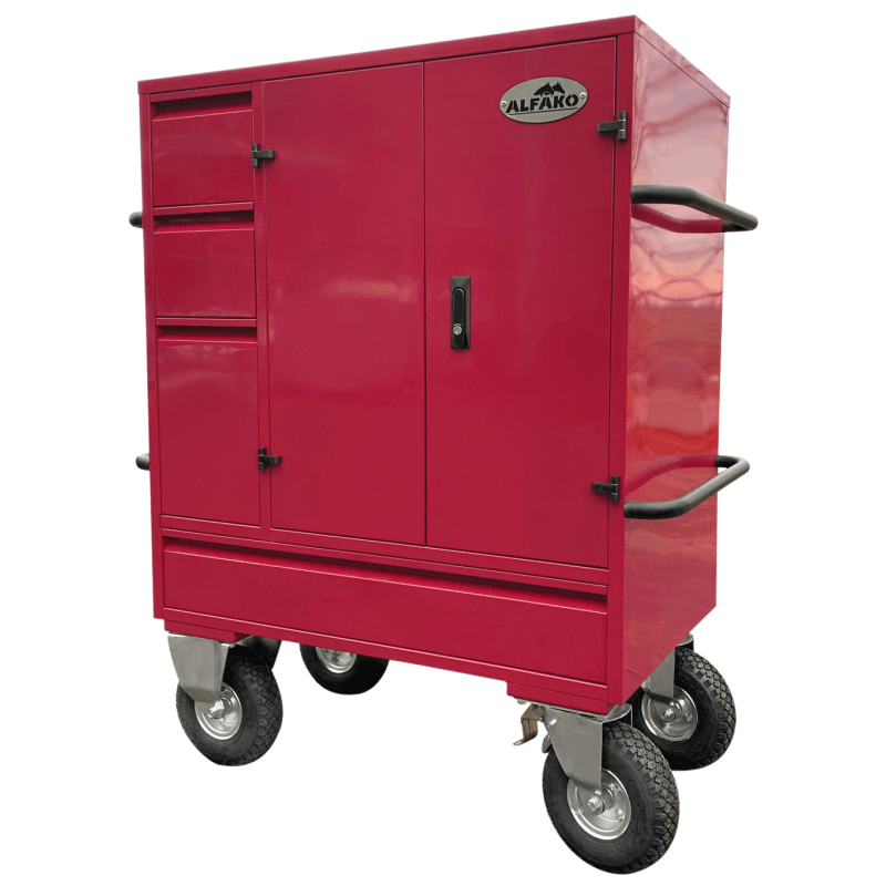 Wettkampfkoffer Midi Raspberry 137,5 x 100 x 60 cm, lackierter Stahl, 2 Hocker, 3 Schubladen